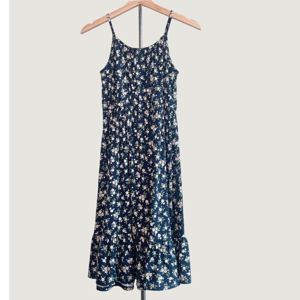 Chenault Girl Navy Blue Floral Daisy Ruffle Hem Midi Sundress Kids Size 10